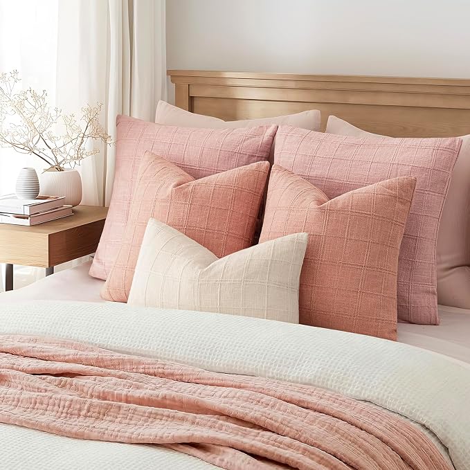 Foindtower Set of 2 Decorative Linen Check Throw Pillow Covers Neutral Farmhouse Lumbar Cushion Covers Modern Boho Accent Home Decor for Sofa Chair Couch Bedroom Living Room,12×20 Inch,Coral Pink