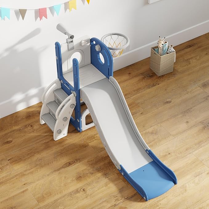 kinbor 6 in 1 Toddler Slide PlaySet - Indoor Outdoor Fun for Kids Ages 1-3, Includes Basketball Hoop, Telescope, Storage & Climber, Safe, Sturdy Baby Slide for Backyard Playground, Blue