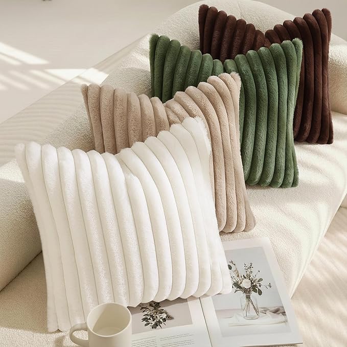 decorUhome Fall Faux Fur Throw Pillow Covers 12x20 Set of 2 Cream White | Decorative Soft Cozy Striped Plush Modern Farmhouse Boho Couch Pillow Cases Velvet Back for Sofa Bed Living Room Home Decor