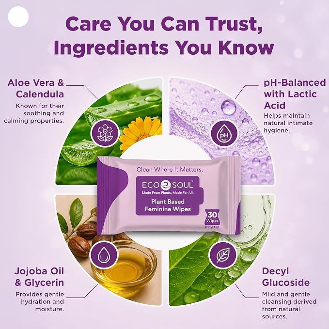 ECO SOUL Plant-Based Feminine Hygiene Wipes (30 Count, Pack of 2) Dermatologist Tested pH Balanced Intimate Cleansing Wipes FSC-Certified Alcohol-Free, Paraben-Free, Fragrance-Free & Hypoallergenic