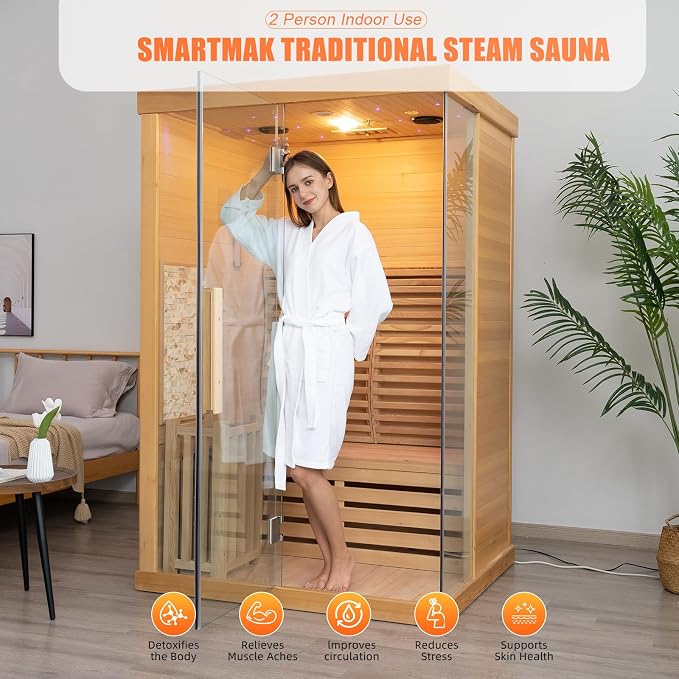 Smartmak Wood Home Traditional Steam Sauna, WiFi Control 2 Person Luxurious Indoor Canadian Hemlock Wooden Spa Room, with 3.5 kw Heater, Backrest, Bluetooth Speaker, Rock, Water Bucket, Spoon, Light
