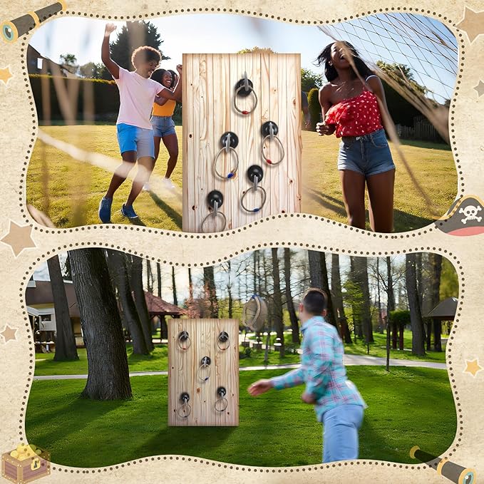 Leitee 15 Pcs Captain Hook Ring Toss Game Pirate Party Toss Game for Kid with Dice Rope Rings for Family Outdoor Yard Sport Party Accessories Captain Birthday Decor
