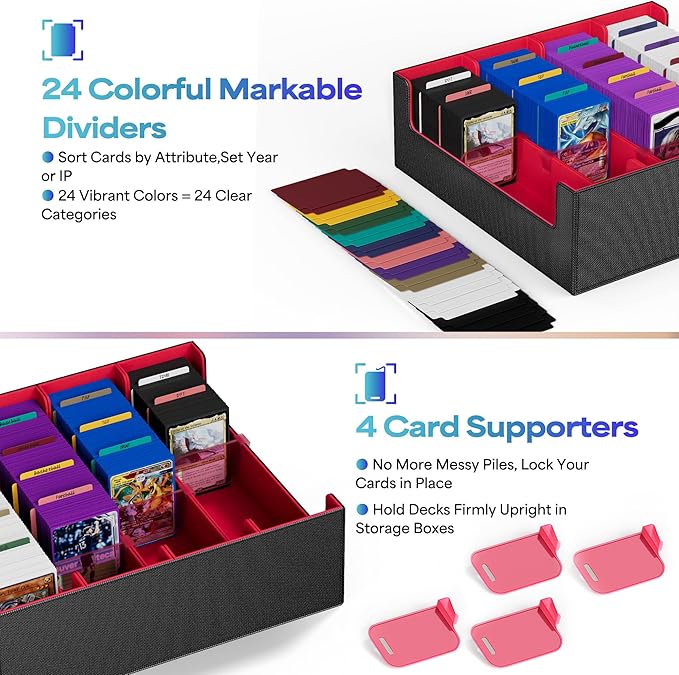UAONO Trading Card Storage Box, Holds 2400 Sleeved Cards with 24 Dividers & 4 Stoppers, Magnetic Closure PU Leather Card Case for MTG, PTCG, YGO, Sports Cards (Black&Red)