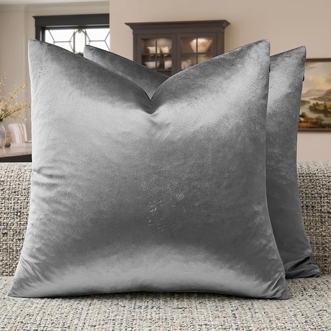 GIGIZAZA Dark Grey Velvet Throw Pillow Covers 16x16 Pack of 2 | Decorative Pillows for Couch Sofa,280gsm Soft Textured Fabric,Modern Square Pillowcases,Luxury Cushion Covers