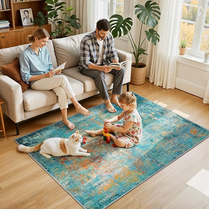 RELEANY Washable 4'x6' Abstract Area Rug for Living Room Teal Multi | carpet for bedroom, kitchen, office, hallway and entryway, printed pattern, non-slip, soft, stain-resistant, easy to clean
