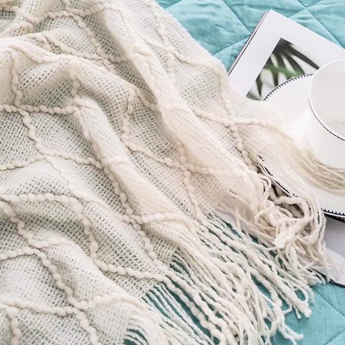 BATTILO HOME Cream Throw Blanket for Couch, Boho Bedroom Decor Throws, Decorative White Throw for Sofa Living Room, 50"x60" | Boho Bedroom Decor Throws, Decorative White Throw for Sofa Living Room
