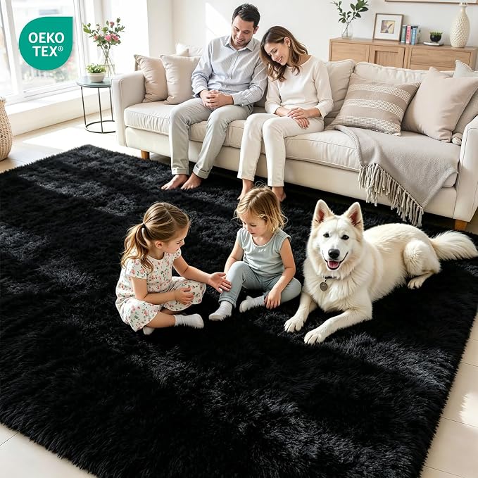 4x6 Area Rug for Living Room, Ultra Soft Fluffy Black Rugs for Bedroom, Non Slip Large Shag Carpet, Fuzzy Plush Nursery Rug, Thick Washable Indoor Floor Carpets for Kids Office Dorm Home Decor