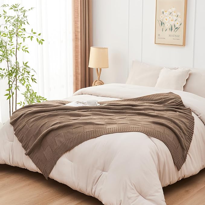CozeCube Light Brown Knitted Checkered Throw Blanket 60"X80" | Check Knit Throw for Couch, Decorative Christmas Soft Cozy Warm Blanket for Bed Sofa Living Room