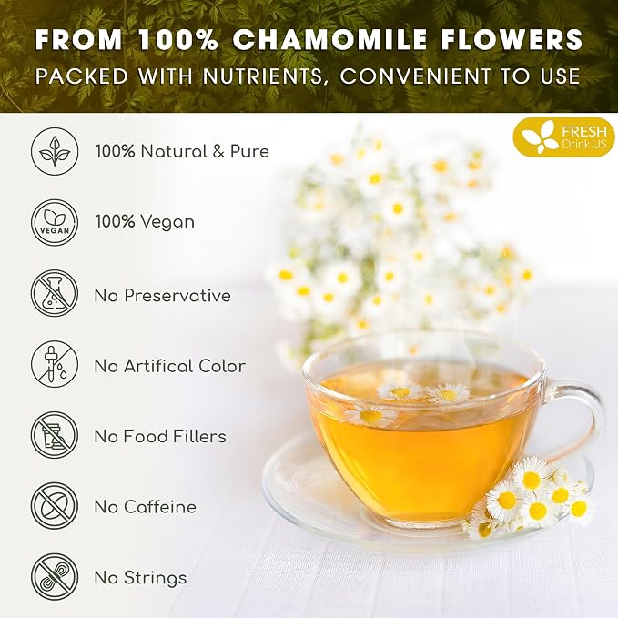 FRESHDRINKUS, 135 Chamomile Tea Bags, 100% Natural and Pure Chamomile Flowers, Eco-conscious Tea Bags. Chamomile Flower Herbal Tea. No Sugar, No Caffeine, No Gluten, Vegan.