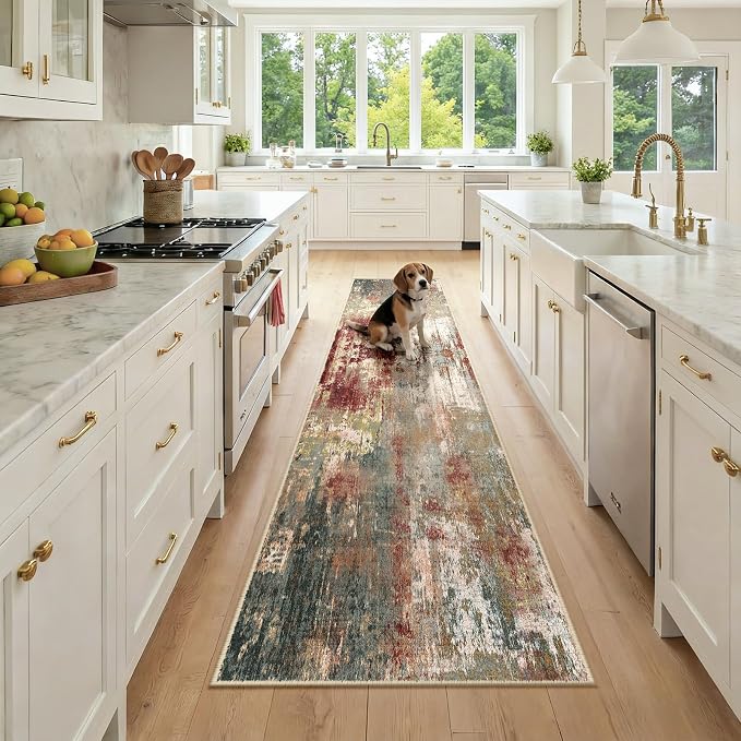 RELEANY Washable Runner 2'x9' Abstract Area Rug for Hallway Rustic Brown | carpet for kitchen, entryway, bathroom, living room, bedroom, printed pattern, non-slip, soft, stain-resistant, easy to clean