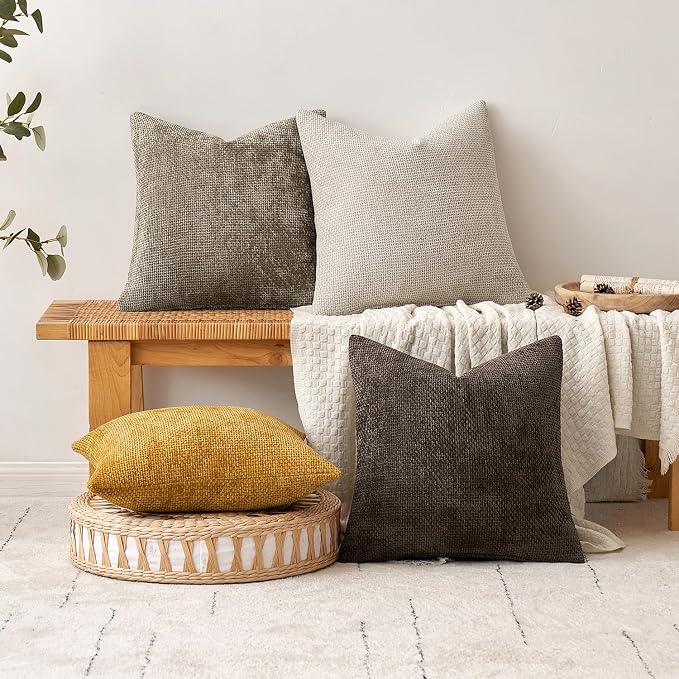MIULEE Decorative Gold Euro Sham Throw Pillow Covers 24x24 Inch 2 Pack | Mustard Yellow, Modern Boho Accent, Soft Chenille Pillow Covers, Farmhouse Cushion Cases for Home Decor Bed Sofa Living Room