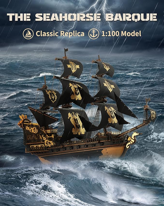 ROKR Seahorse Barque 3D Wooden Puzzle for Adult - Sailboat Model Kit, 603-Piece DIY Assembly, 1:100 Scale Sailboat MCB02
