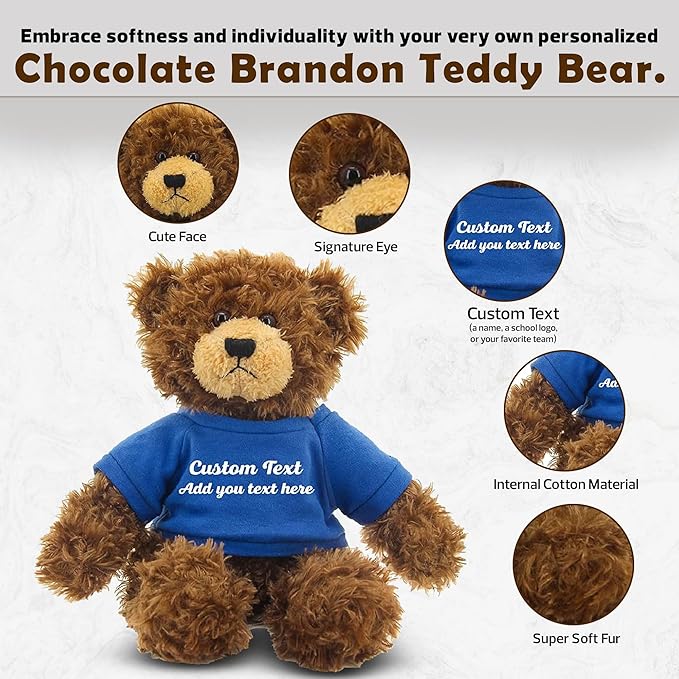 Customized Chocolate Brandon Bear - 12 inch Personalized Stuffed Bear Plush Toy - Perfect Custom Shirt Bear Gift for Graduation Valentines Graduation Easter Holidays (Royal Blue Shirt)
