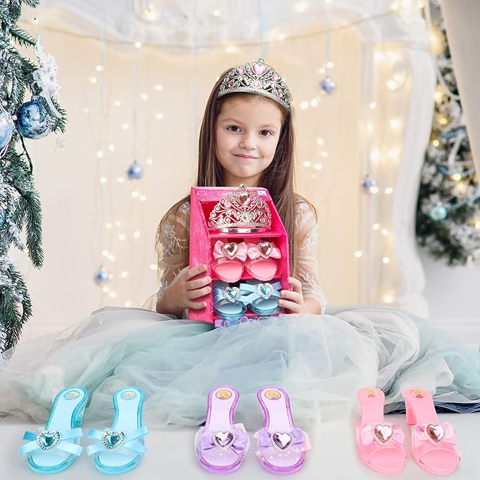 Girls Play Set! Princess Dress Up Shoes and Tiara (3 Pairs of Shoes + 1 Tiara) Role Play Collection Fashion Princess Shoe for Little Girls