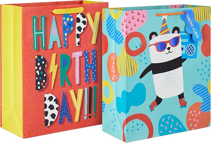 Hallmark 15" Extra Large Birthday Gift Bag Set (2 Bags: Party Animal Panda, Orange Happy Birthday) for Kids, Teens, Grandchildren