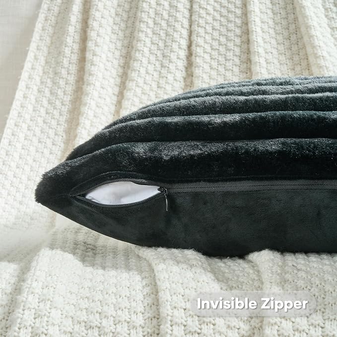 FUTEI Pack of 2 Faux Fur Throw Pillow Covers 18x18 Inch, Black | Fluffy Faux Rabbit Fur Front/Premium Velvet Back,Hidden Zipper,Machine Washable,Non-Shedding,Colorfast,Insert Not Included.