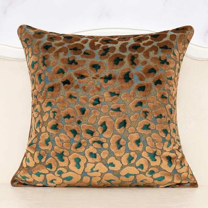 Alerfa Green Brown Floral Throw Pillow Cover 18 x 18 Inch Cut Velvet Sqaure Luxury Decorative Pillow Cover for Couch Living Room Bedroom