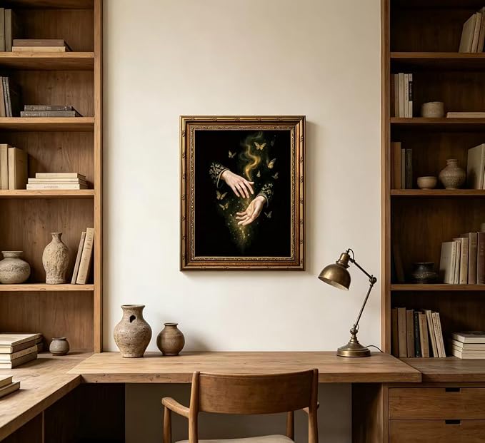 Vintage Gold Framed Canvas Wall Art Gothic Dark Academia Painting Picture Wall Decor Magic Hands Butterfly Poster Print Artwork for Living Room Bedroom Bathroom Office Home Decoration
