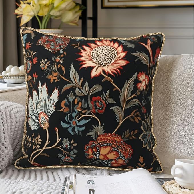 Vintage Red Orange Blue Floral Velvet Pillow Covers 20x20 Inch Retro Abstract Boho Flowers Throw Pillows For Couch Cushion Covers Pillowcase Bohemian Farmhouse Pillow Cases for Sofa Bed Bedroom