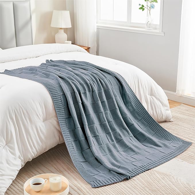 CozeCube Dusty Blue Knitted Checkered Throw Blanket 50"X60" | Check Knit Throw for Couch, Decorative Christmas Soft Cozy Warm Blanket for Bed Sofa Living Room