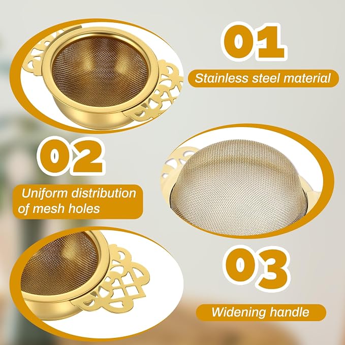8 Pack Tea Strainer Bowl, 304 Stainless Steel Tea Drain Strainer TeaFilter Mesh TeaDrip Bowls Teapot Strainers With Petal Handles TeaDivider for 2.5-4 Inch Cup Mouth, Gold