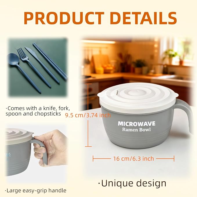Layron Ramen Cooker Bowl - 45 oz Microwaveable Noodle Bowl Ramen in few Minutes- BPA Free and Dishwasher Safe Set with Chopsticks Perfect for Dorm, Small Kitchen, or Officee (grey)