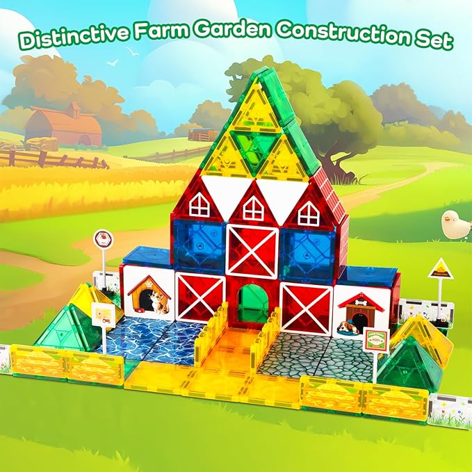 Magnetic Tiles Farm Animals Set, STEM Magnetic Building Blocks for Toddlers 3-5 5-7, Sensory Montessori Magnet Tiles for Kids Ages 4-8 Years Old Boys Girls, Magnet Toys Birthday