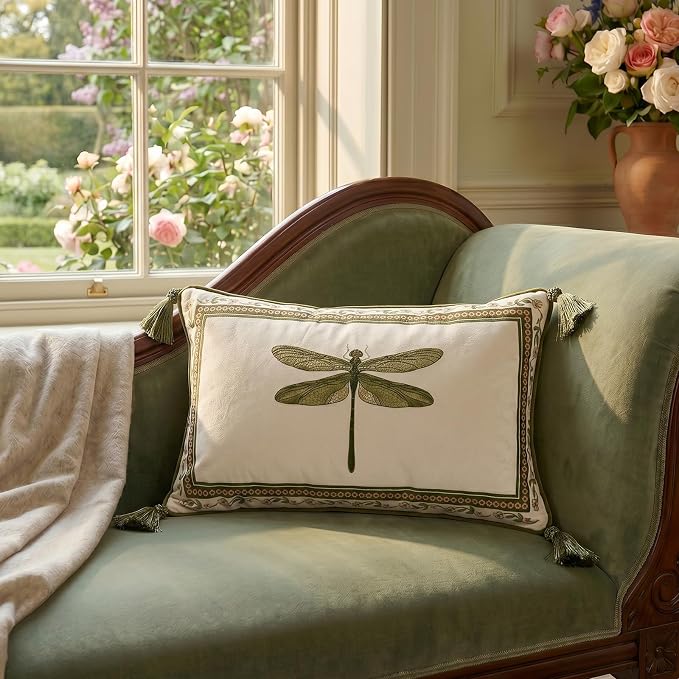 Designer French Velvet Throw Pillow Cover,20"x12" Set of 2-Grace C | Pillow Cover,Concealed Zipper Design,Dragonfly Pattern,Sofas,Bedroom,Living Room,Lounge Chairs,All Season Home Decor