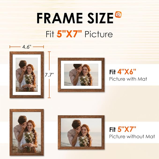 FIXSMITH 5x7 Picture Frame 2 Pack, Rustic Brown Photo Frame with HD Plexiglass, Display Pictures 4x6 with Mat or 5x7 Without Mat, Rustic Brown Multi Picture Frames Collage for Tabletop or Wall Display