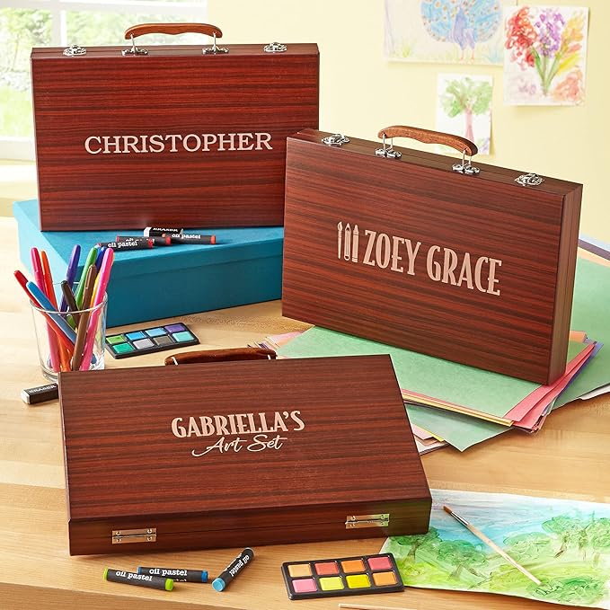 Let's Make Memories Personalized 80-Piece Deluxe Art Set - for Kids - Wood Carrying Case - Oil Crayons, Colored Pencils, Watercolors - Arts & Crafts - Add a Name - Art Alphabet
