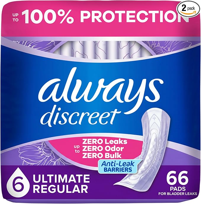 Always Discreet Adult Incontinence Pads for Women, Drier, 6 Drop Regular Length, Extra Heavy Absorbency, Pads for Bladder Control Management, Bladder Leaks, & Postpartum Pads, 66ct