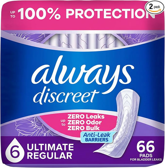 Always Discreet Adult Incontinence Pads for Women, Drier, 6 Drop Regular Length, Extra Heavy Absorbency, Pads for Bladder Control Management, Bladder Leaks, & Postpartum Pads, 66ct