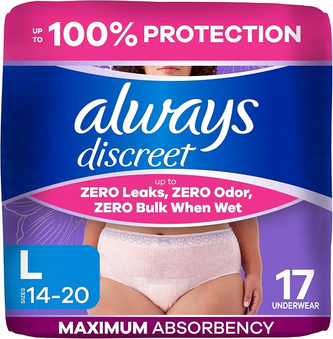 Always Discreet Adult Diapers for Women, Incontinence Underwear, Postpartum Essentials, Disposable Briefs, Max Absorbency, Bladder Leak Protection, Large, 17ct