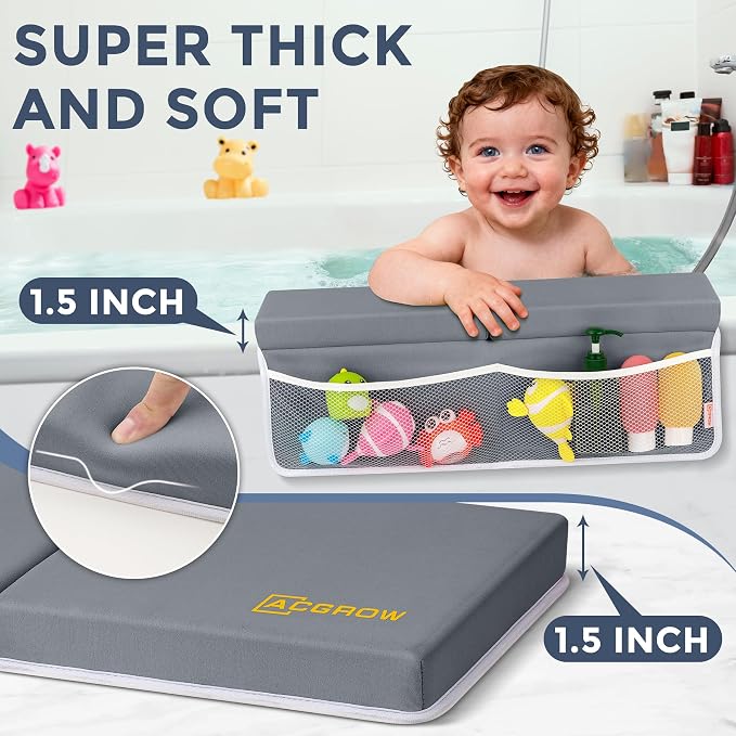 Bath Kneeler and Elbow Rest Pad Set - Comfortable 1.5” Thick Baby Bath Kneeler Pads with Toys Organizer, Non-Slip Knee Arm Support Bathtub Mat, Quick-Drying Kneeling Pad for Baby Bath Time