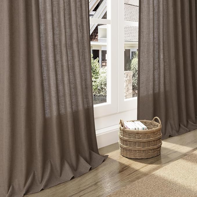 Light Brown Linen Curtains 90 Inch Length 2 Panels Set for Living Room Rod Pocket Back Tab Window Drapes Light Filtering Modern Farmhouse Curtain 90 Inches Long for Dining Room Bedroom 52x90