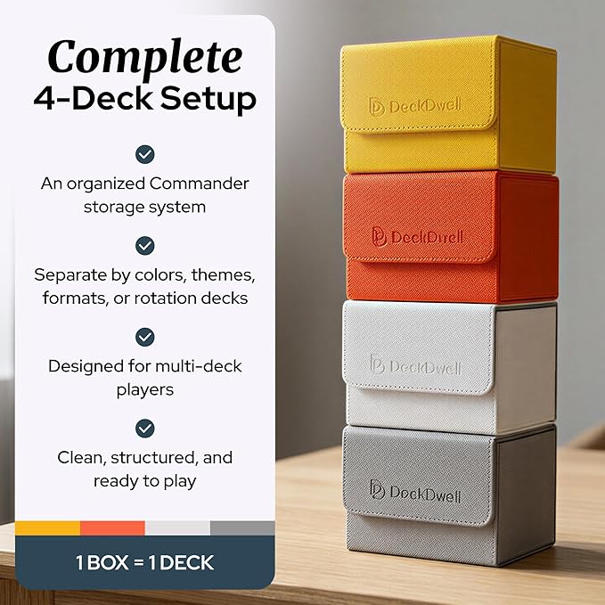 4 Pack MTG Commander Deck Box with 50 Card Sleeves - Holds 400+ Double Sleeved Cards (100+ Per Box), Leather Magic The Gathering Deck Box Set, 8 Dividers, Magnetic Closure, Orange/Yellow/Grey/White