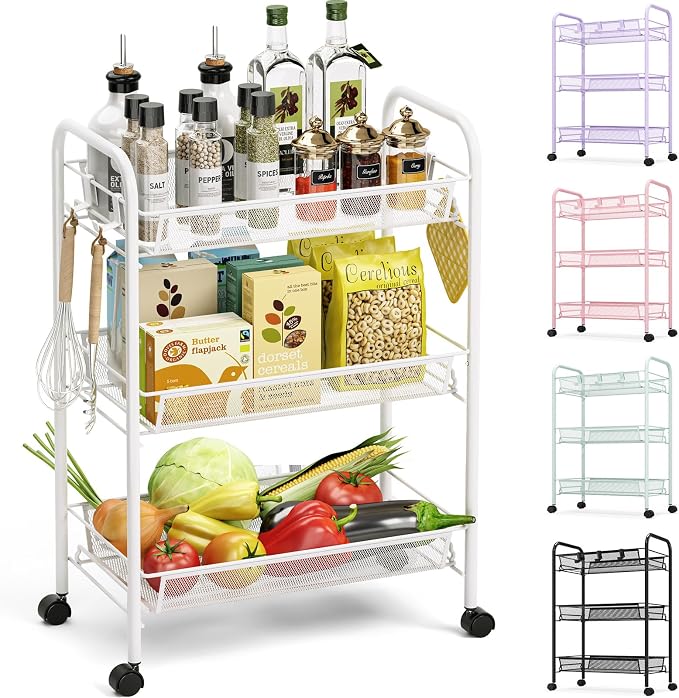TOOLF 3 Tier Rolling Cart, Metal Utility Storage Cart with Wheels, White | 3 Hooks, Screwless Assembly, Trolley Organizer for Bathroom, Kitchen, Office, Nursery, Dorm, Laundry Room