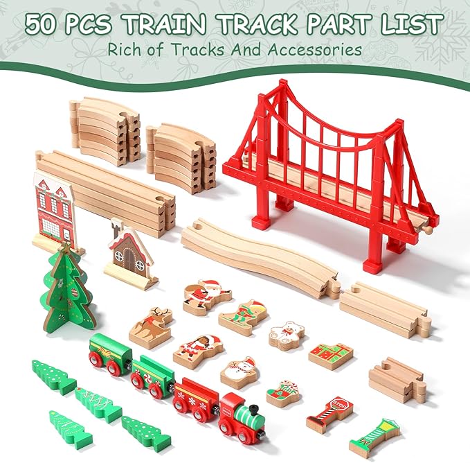 SainSmart Jr. Wooden Train Set 50 Pcs Train Set - Toy Train with Exquisite Box, Wood Train Track Set Fit for Major Brands, Ideal Railway Playset for Boys and Girls