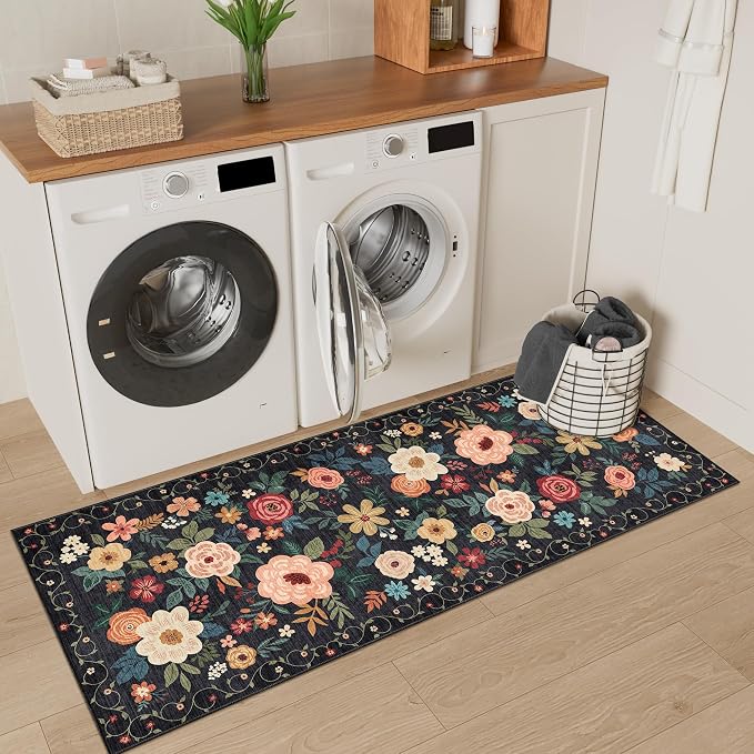DUKINO 2x5 Runner Rug, Floral Washable Rug for Kitchen Non Slip, Black | Low Pile, Soft, Stain Resistant Indoor Rug Runner for Entryway, Hallway, Bedroom, Bathroom, Laundry, Pet Friendly, Home Decor