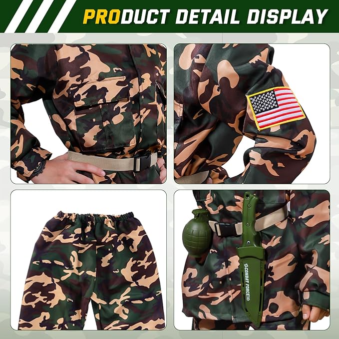 Kids Army Costume for Boys,Boys Military Soldier Costume with Army Toys, Halloween Costumes Dress Up Role Play Set