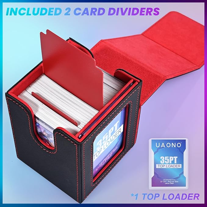 UAONO Card Deck Box with MTG Commander Display, Deck Case Holds 100+ Double-Sleeved Cards, Trading Card Storage Box Fits TCG/PTCG/Sports Card with 2 Dividers, 1 Top Loaders (Black, Red)