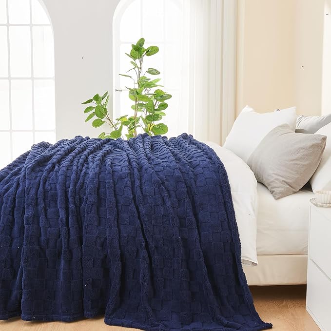 NEWCOSPLAY 3D Checkered Flannel Throw Blanket, Dark Navy, 50"x70" | Super Soft Cute Lightweight Decorative Premium Silky Fleece Blanket for Couch Sofa Bed, Gift for Women Men, All Season Use