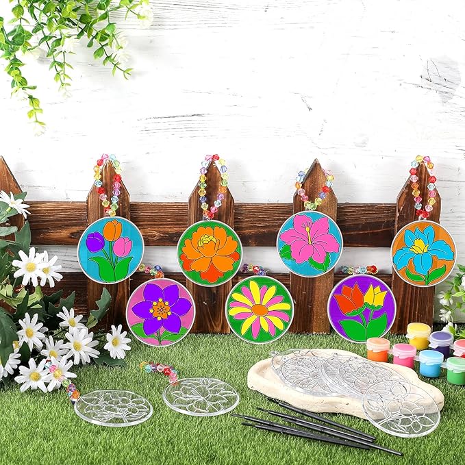 30 Sets Spring Flower Suncatchers Window Art Kits, Mother's Day Floral DIY Sun Catchers Crafts Paint Your Own Window Ornaments for Boys Girls Classroom Home Party Birthday Activity Decor