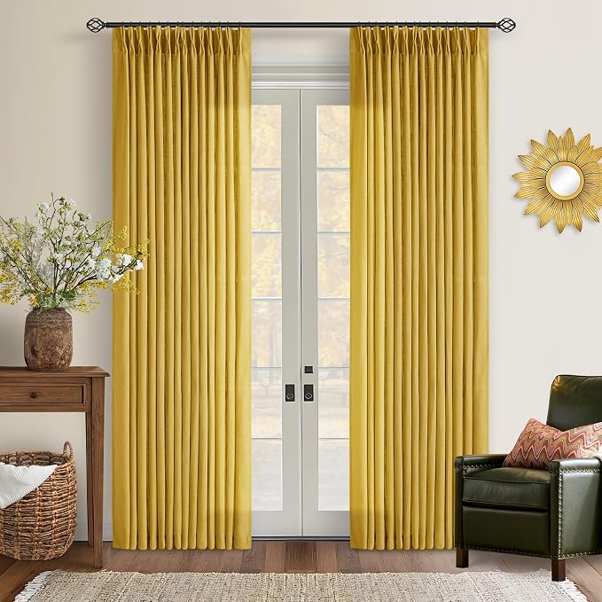 Pinch Pleated Mustard Yellow Linen Curtains 84 Inches Long 2 Panels Set | 400GSM Fabric, for Living Room, Pinch Pleat Back Tab, Light Filtering Semi Sheer, Farmhouse Boho, Gold Yellow Spring Decor