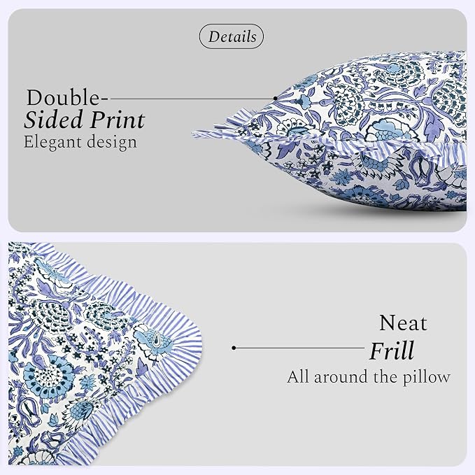 CPC Indigo Blue Ruffle Throw Pillow Covers for Couch, 24x24 Inch Cotton Stripe Ruffle Couch Pillows for Living Room, Hidden 20 Inch Zipper Boho Pillow Case or Cute Outdoor Pillows