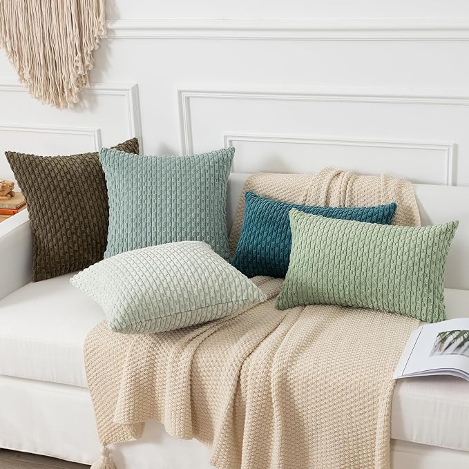 Kevin Textile Soft Corduroy 12"x24" Lumbar Pillow Cover 1 Pack, Grey Green | Boho Stripe Plush Corduroy Decorative Oblong Cushion Cover Modern Farmhouse Home Decor for Sofa Couch Bed Chair