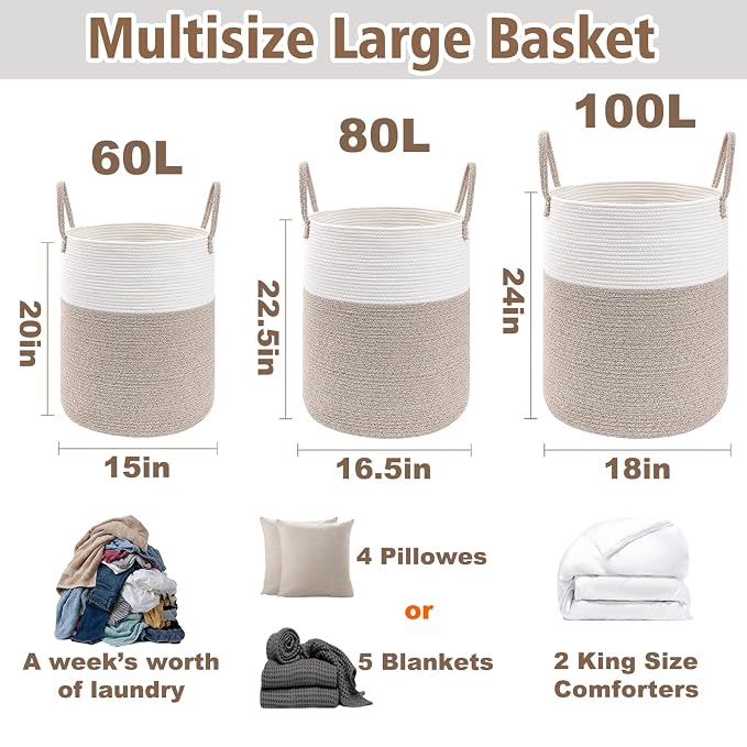 JMvicyroam 80L Cotton Rope Laundry Basket Hamper, Brown | Collapsible Laundry Basket, Reinforced Handles, Freestanding, Machine Washable, Holds 3-5 Thick Blankets, Clothes or Toys