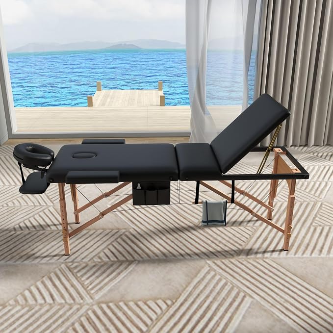 ABET Massage Table, 3 Fold Portable Lash Bed for Eyelash Extensions, Height Adjustable Lightweight Professional Facial Spa Beauty Salon Tattoo Table with Oil Pocket Towel Rod, Wood Feet & Black