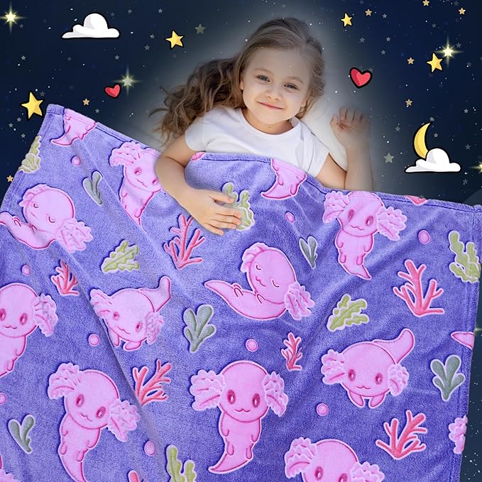 Axolotl Gifts Glow in The Dark Blanket for Girls Salamander Toys Kids Cute Animals Fish Throw Blankets Soft Fleece Blanket Room Decor 50 "X 60"