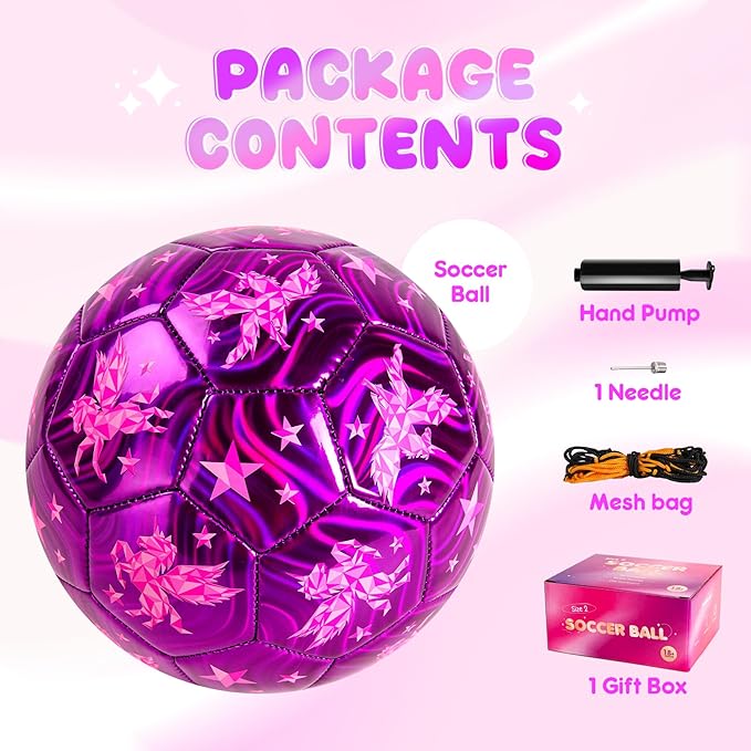 Kids Soccer Ball Size 2 Size 3 Size 4 with Pump Deflated - Operation Christmas Child Shoebox Gift - Glitter Purple Blue Unicorn Dinosaur Toys for Toddler Kids Boys Girls 1-3 3-8 8-12 Years Old
